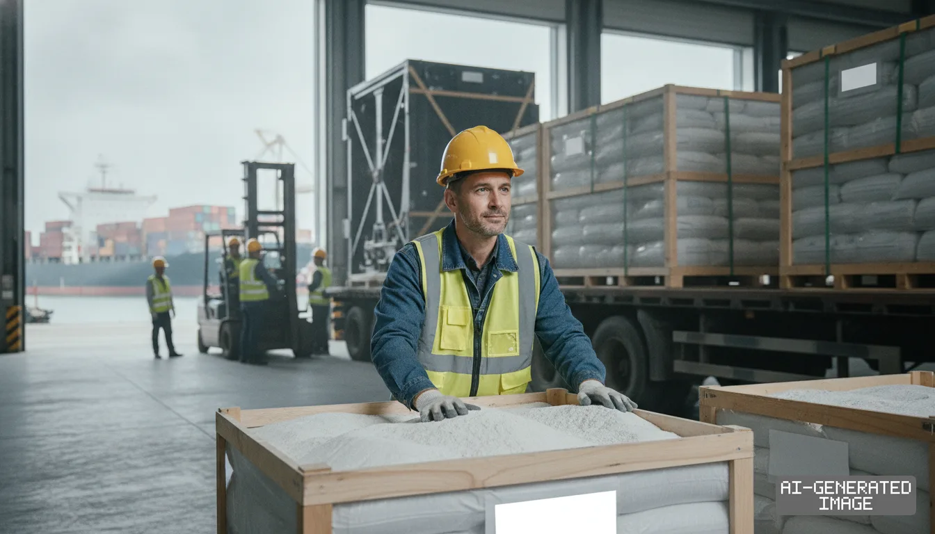 A worker stands beside crates of imported mineral materials inside a port warehouse near a docked container ship. (AI-generated image)