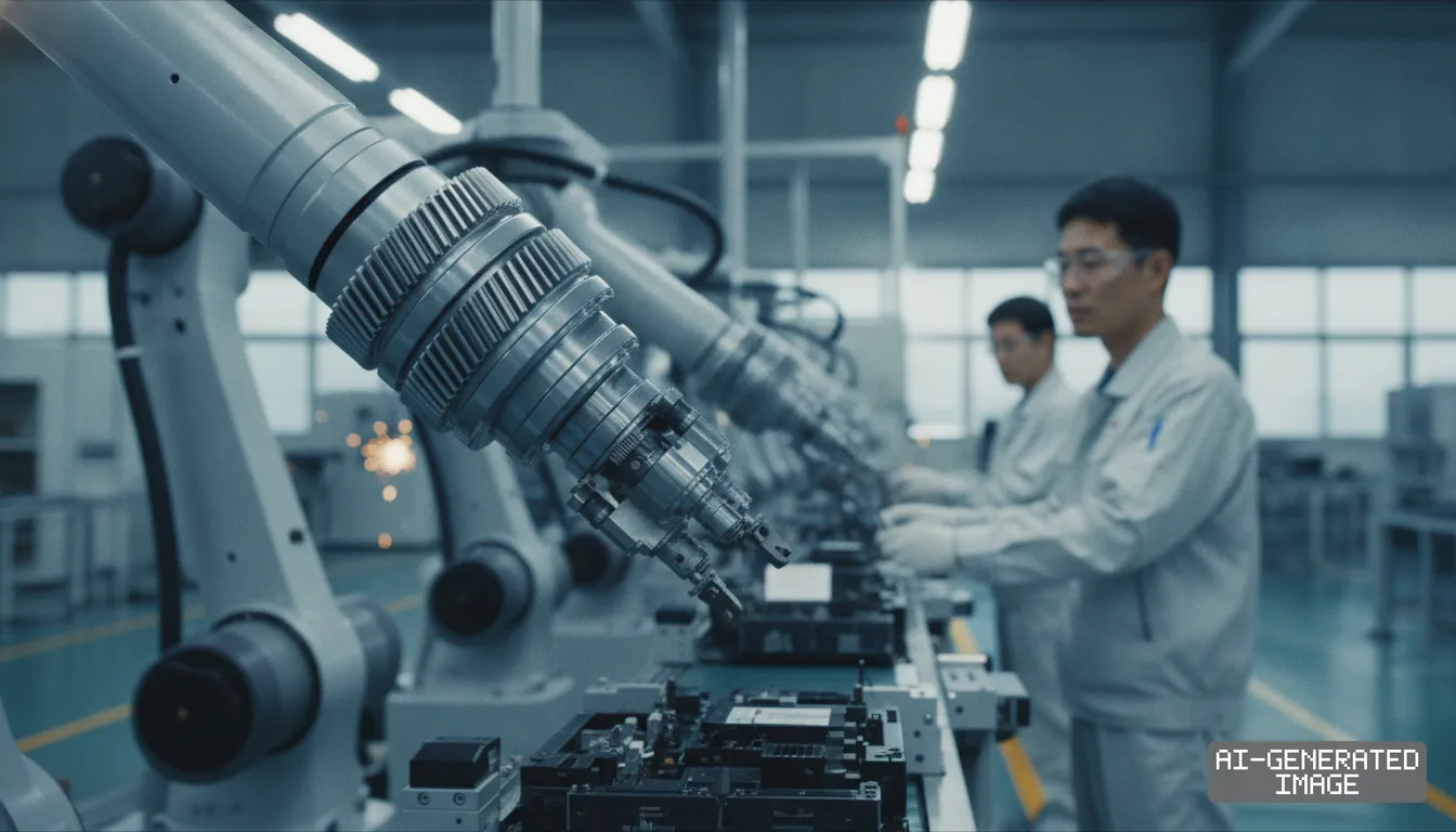 Robotic arms operate along an automated production line as workers monitor electronic components on a factory floor. (AI-generated image)