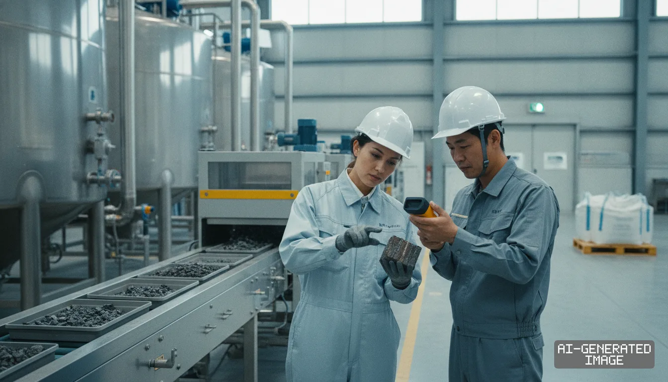 Technicians examine a mineral sample with a handheld scanner along a conveyor line inside an industrial mineral processing facility. (AI-generated image)