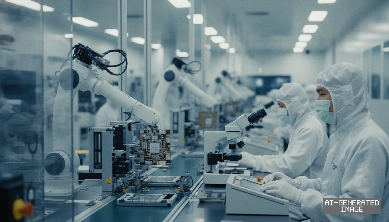 Technicians in cleanroom suits work alongside robotic arms handling semiconductor substrates inside an advanced production facility. (AI-generated image)