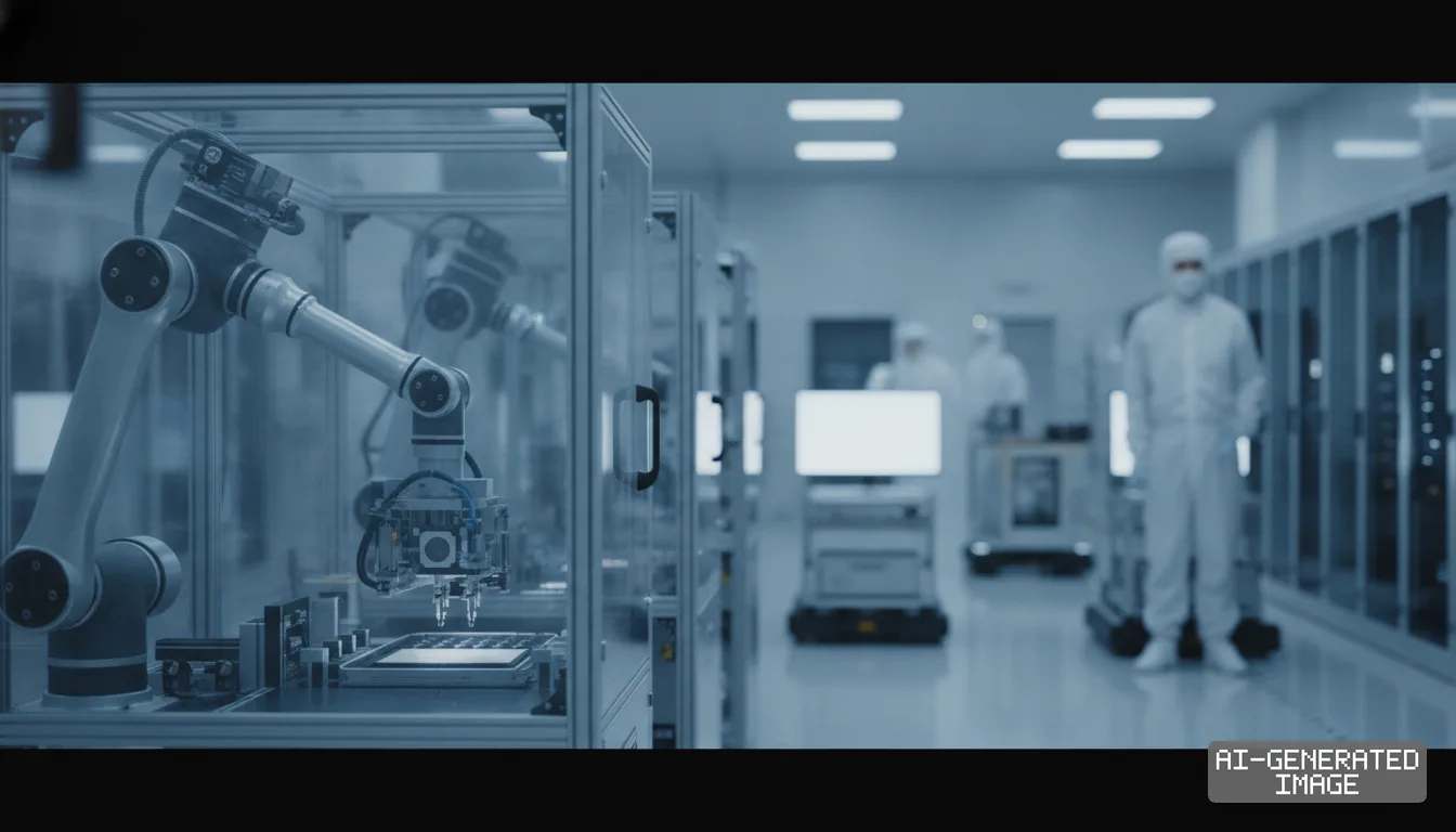 A robotic arm operates inside a transparent enclosure as workers in protective suits stand in a semiconductor cleanroom. (AI-generated image)