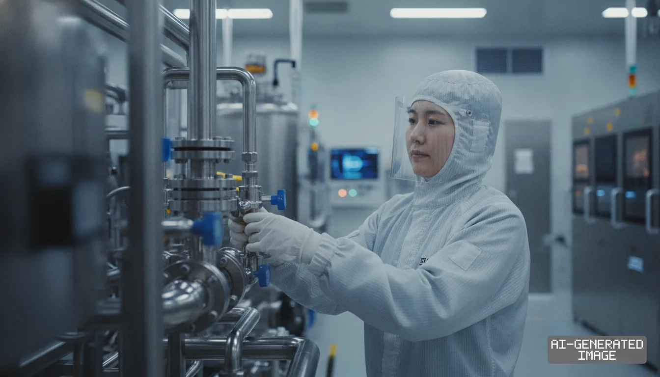 A worker in protective cleanroom attire adjusts a valve on stainless steel piping inside a semiconductor chemical manufacturing facility. (AI-generated image)
