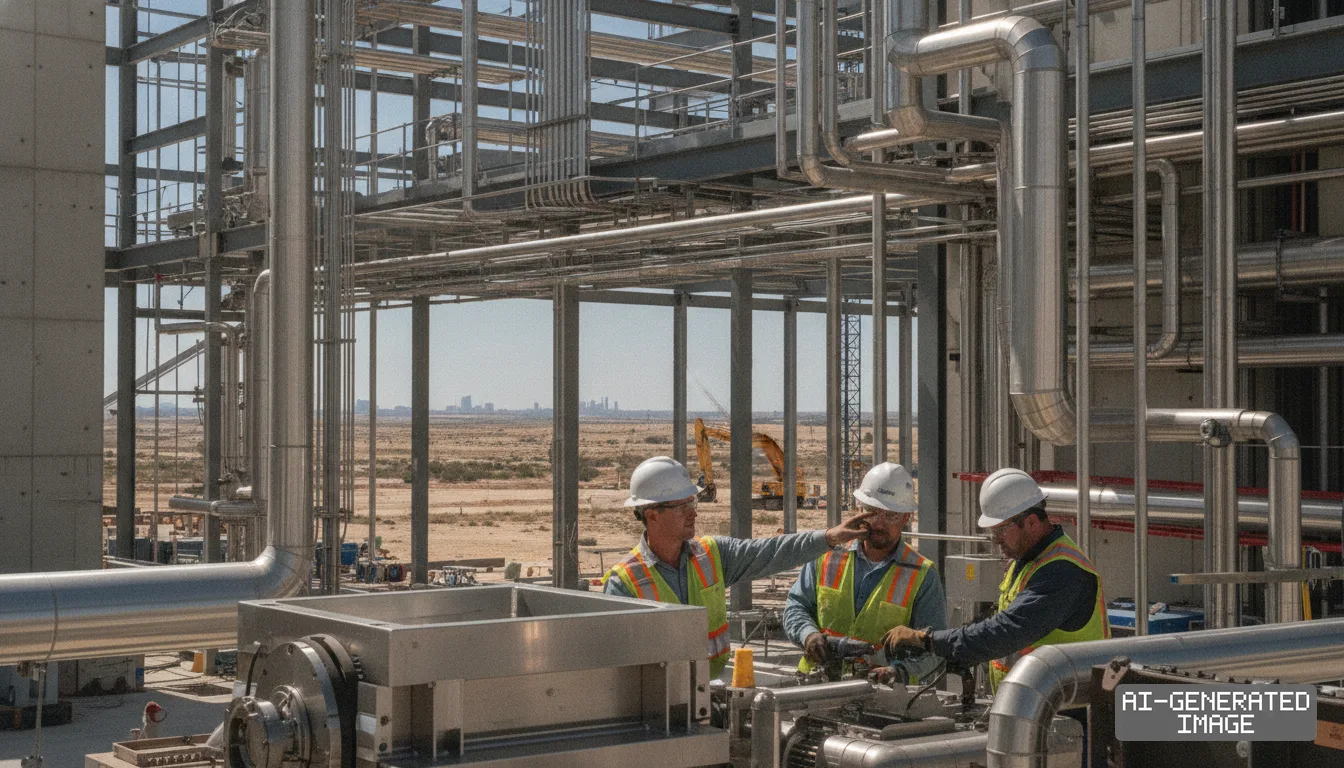 Workers in hard hats and safety vests confer near industrial piping at a manufacturing plant construction site in the desert. (AI-generated image)