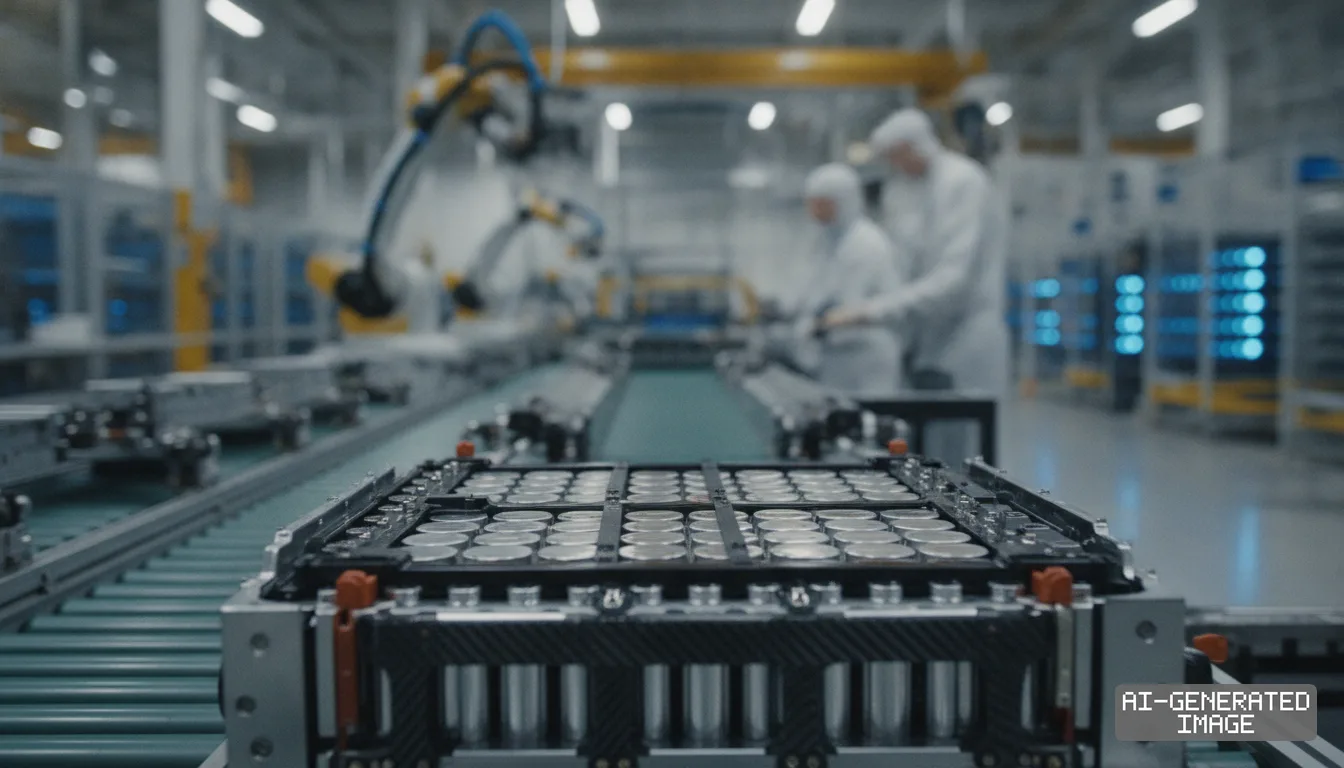 Battery modules move along an automated conveyor line inside a battery manufacturing plant as technicians work in the background. (AI-generated image)