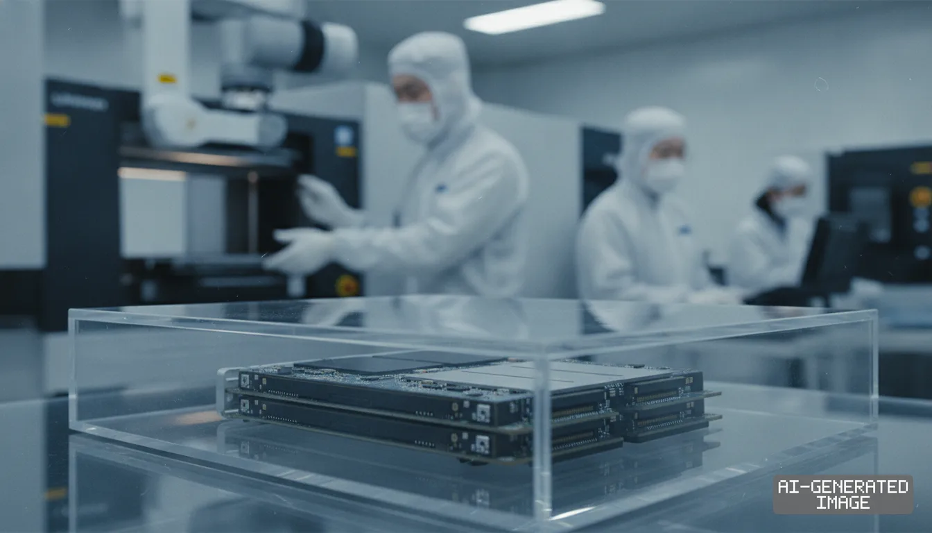 Solid-state drive components sit in a clear case as technicians in protective cleanroom suits work with manufacturing equipment in the background. (AI-generated image)