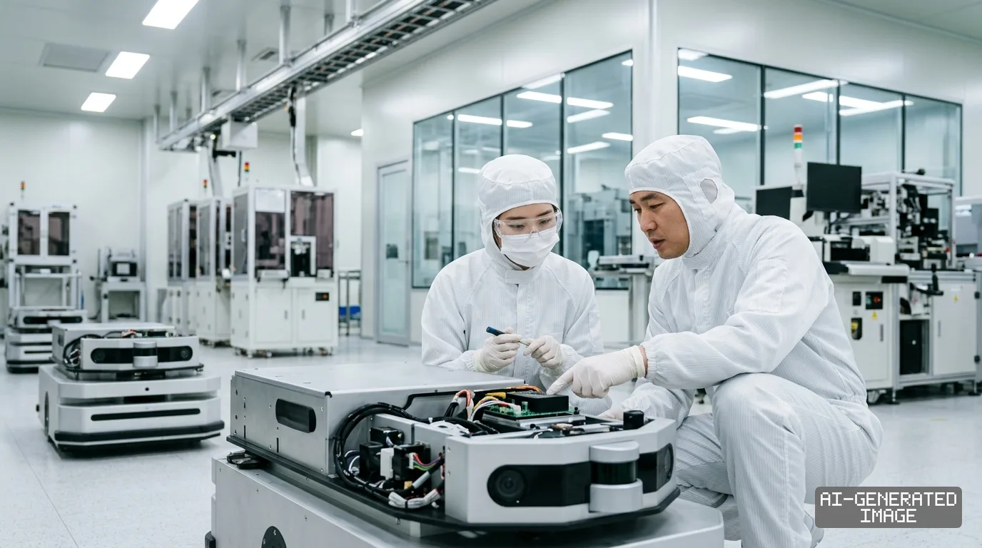 Engineers wearing cleanroom suits examine an autonomous mobile robot inside a high-tech manufacturing facility. (AI-generated image)