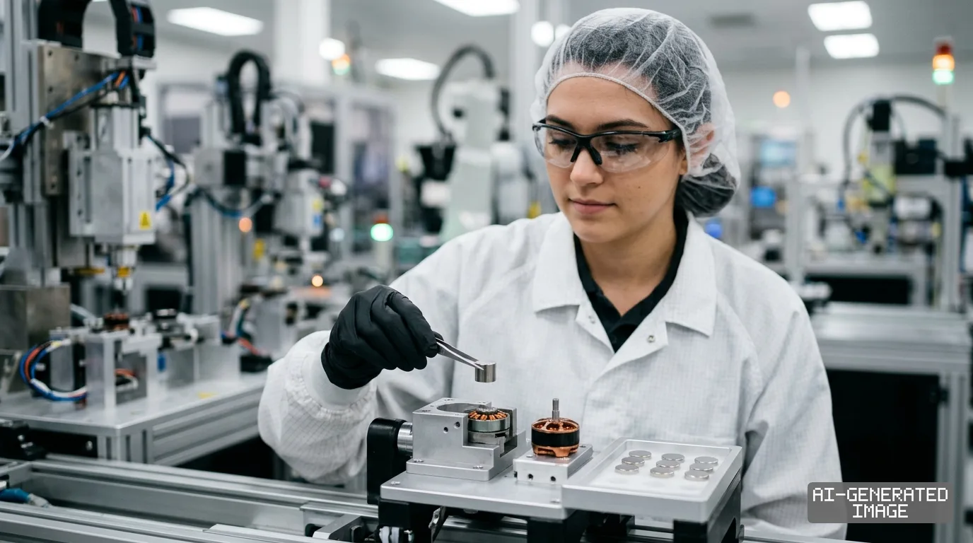 A worker uses tweezers to handle a small magnet while assembling an electric motor component inside a manufacturing facility. (AI-generated image)