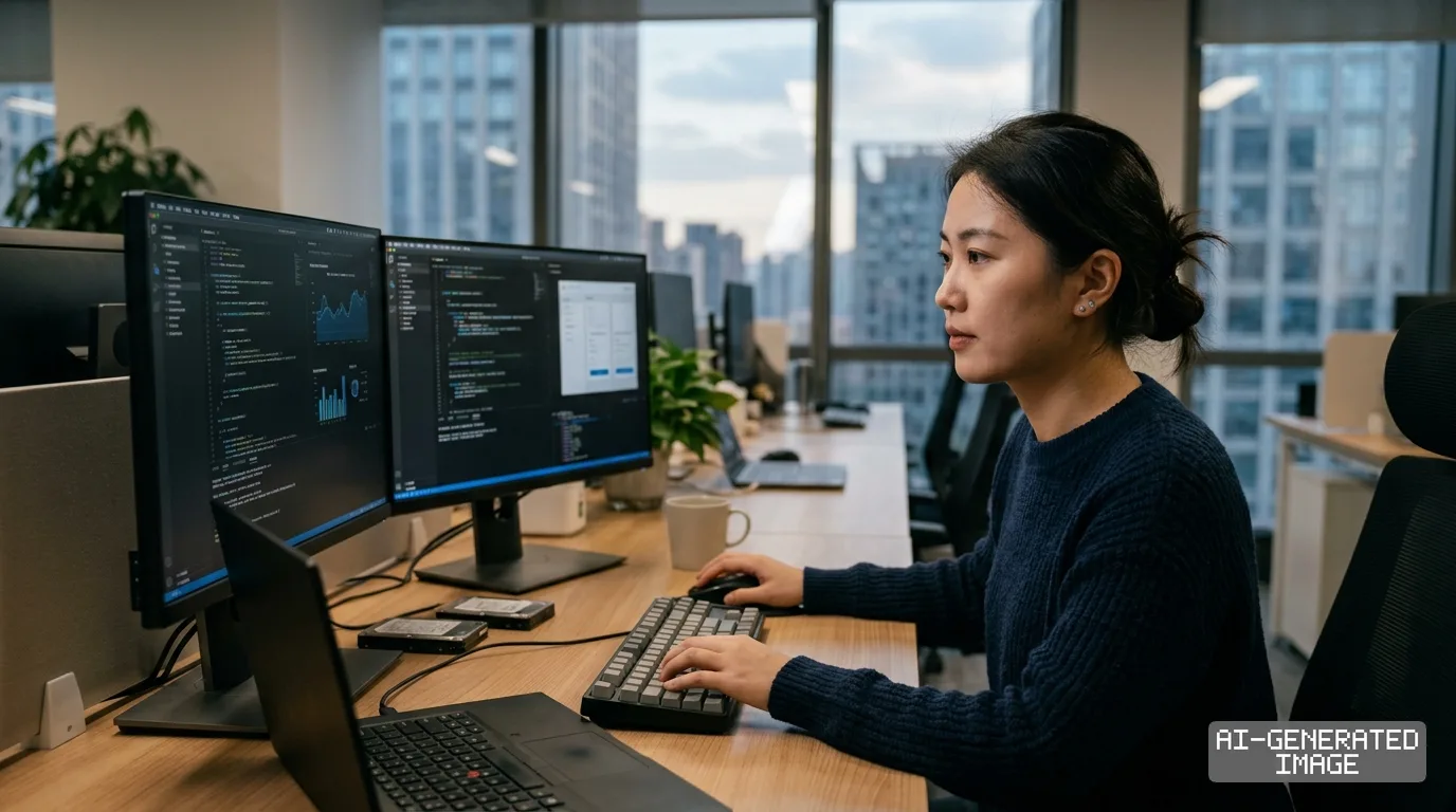 A programmer reviews computer code and data visualizations on dual desktop monitors inside an urban office building. (AI-generated image)