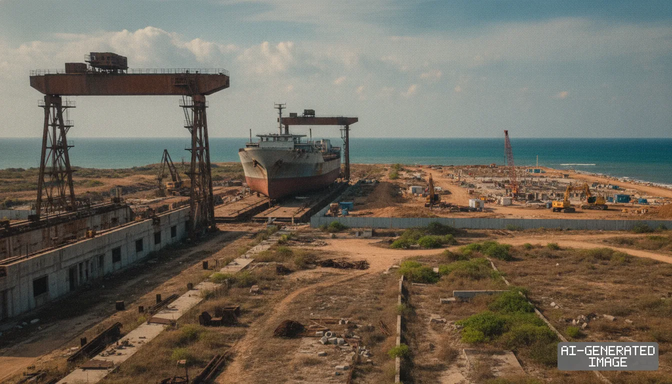 Gantry cranes and a large ship stand at the coastal shipyard development site in Thoothukudi alongside construction equipment by the sea. (AI-generated image)