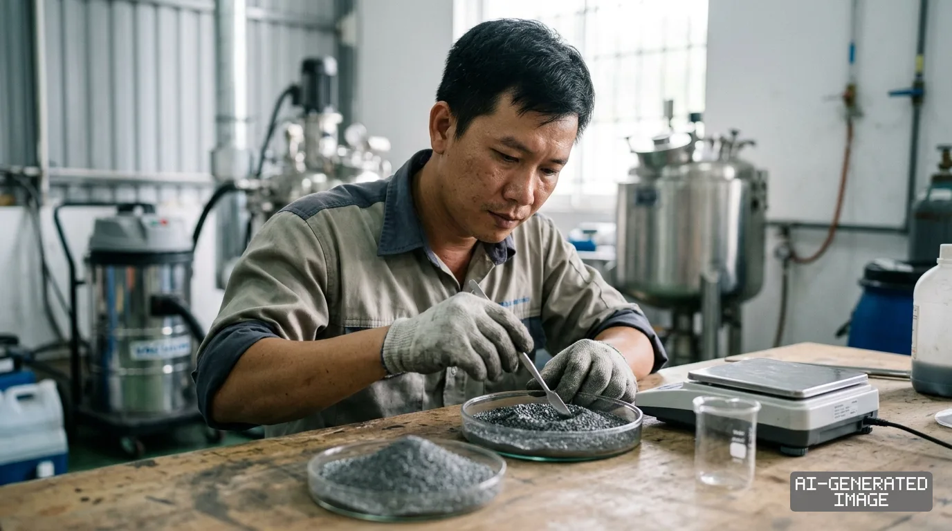 A technician uses a spatula to examine metal powder samples near a digital scale inside a metal processing facility. (AI-generated image)