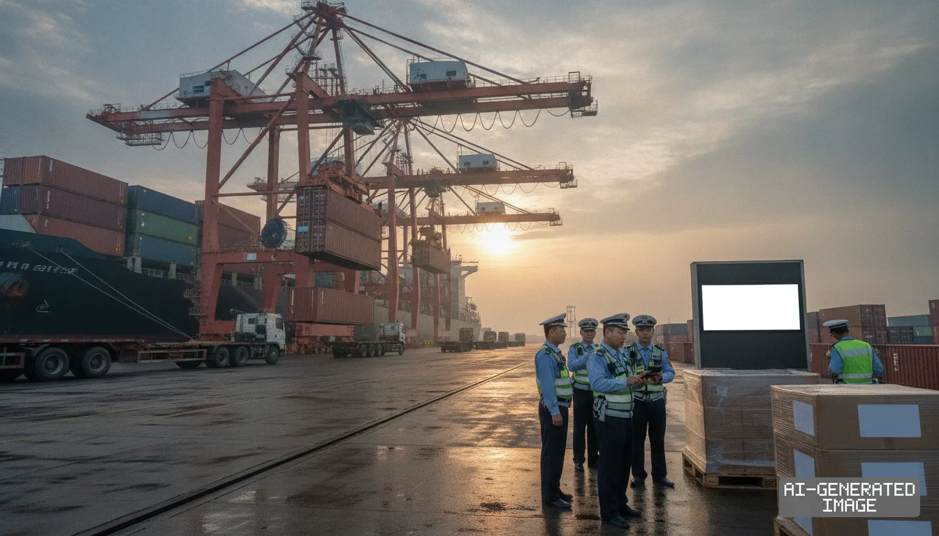 Customs officers monitor cargo shipments at a container port in China as authorities prepare to enforce new tariffs. (AI-generated image)