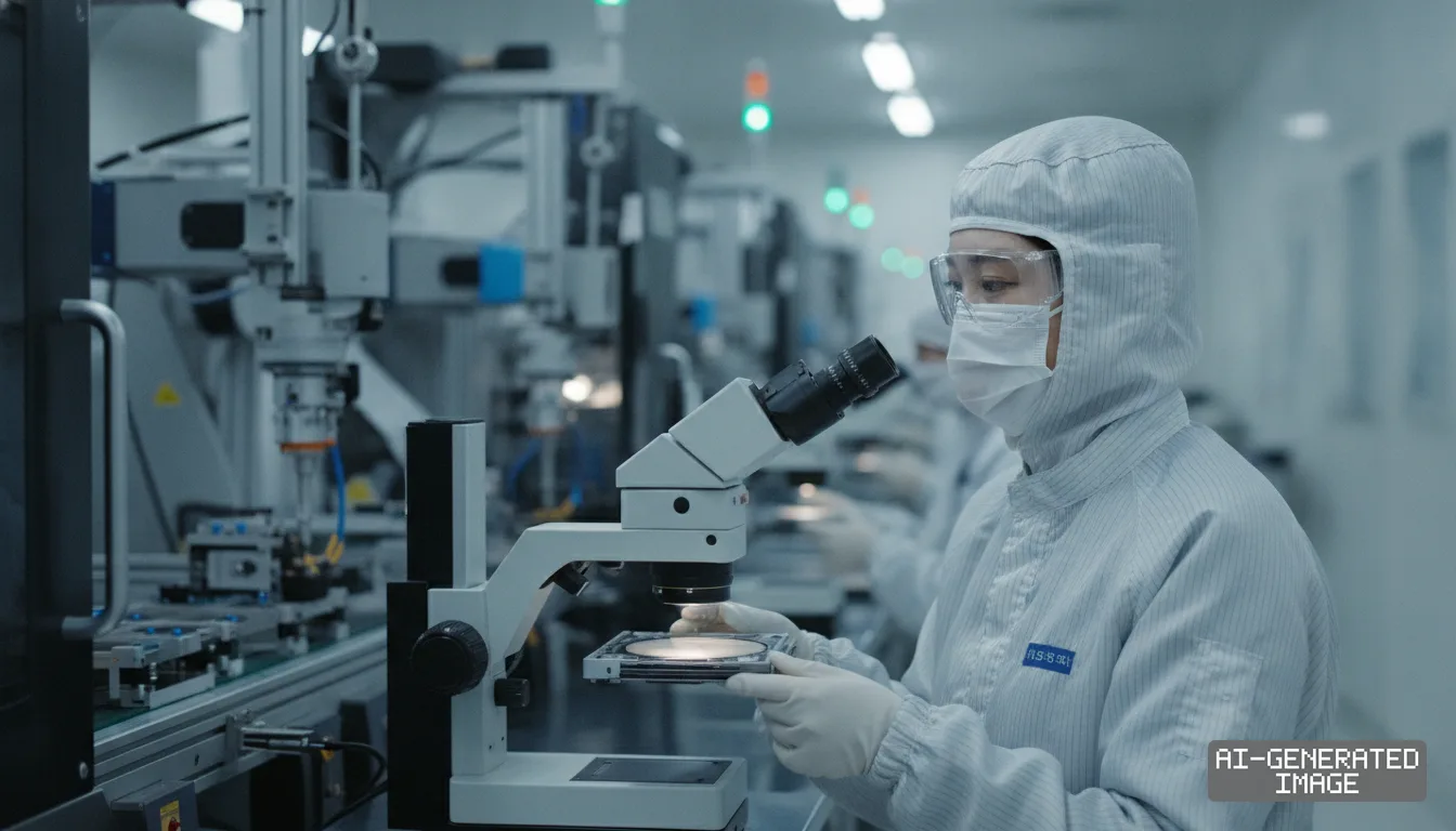 A worker in protective cleanroom gear inspects a wafer under a microscope beside automated machinery on a semiconductor production line. (AI-generated image)