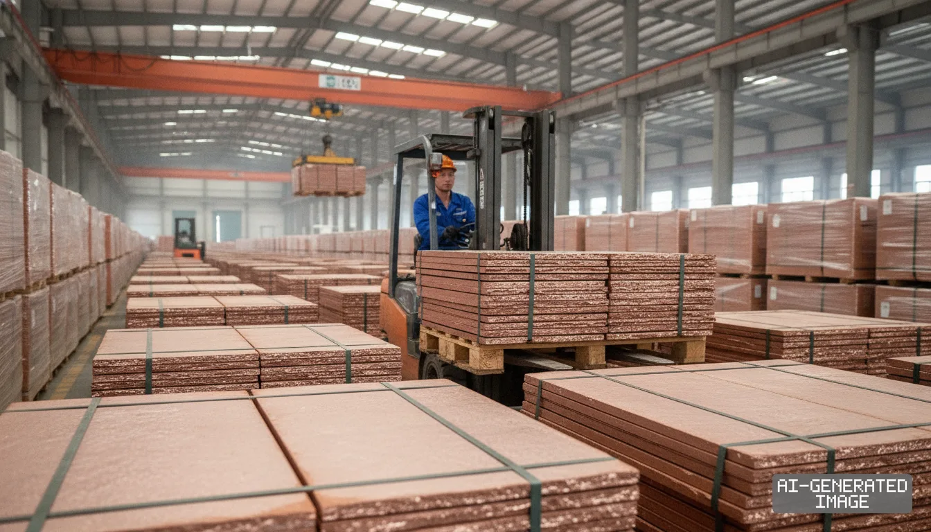 A worker operates a forklift to transport stacks of refined copper cathodes inside a large industrial warehouse. (AI-generated image)
