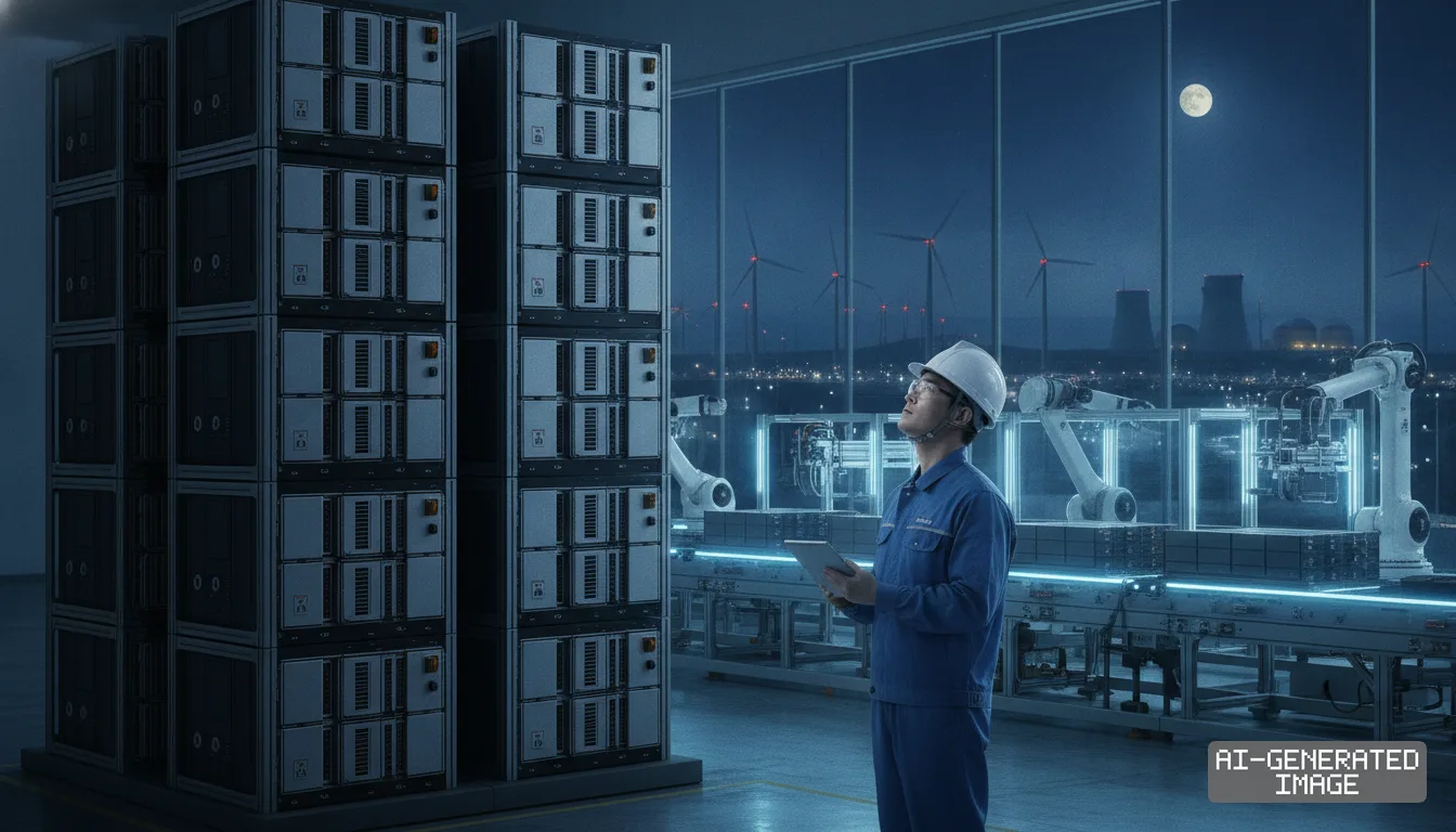 A technician holds a tablet near large battery storage racks inside an automated facility overlooking wind turbines. (AI-generated image)