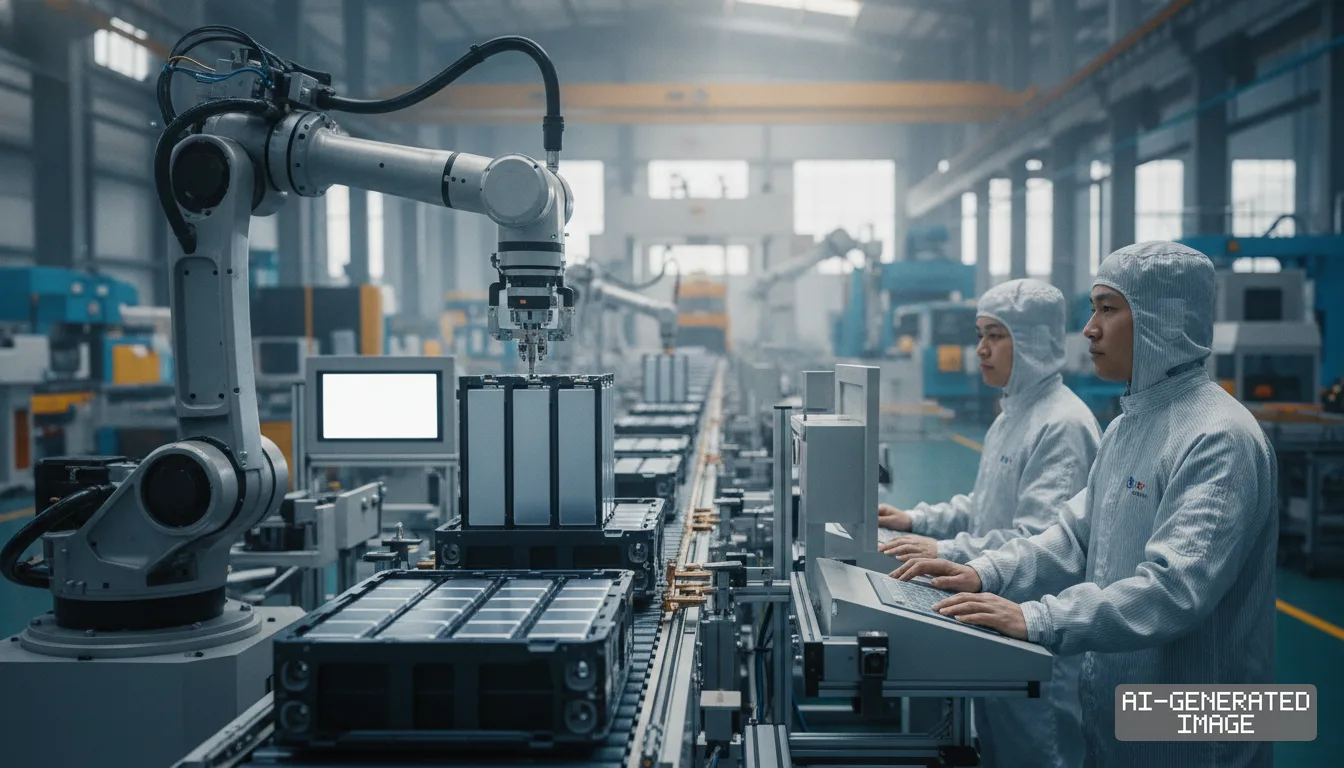 Technicians oversee robotic arms assembling battery packs along an automated conveyor line at an electric vehicle battery plant. (AI-generated image)
