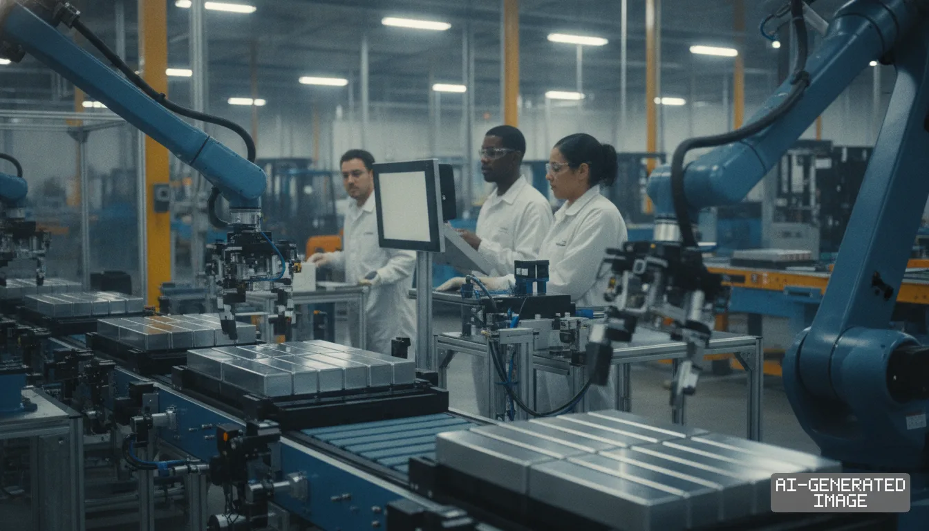 Technicians oversee automated robotic arms handling prismatic battery cells along a conveyor line inside a manufacturing facility. (AI-generated image)