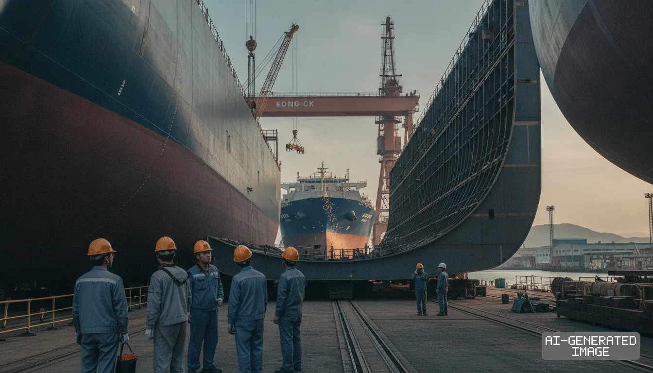 Shipyard workers in hard hats stand between massive vessel hulls and cranes at a South Korean shipyard. (AI-generated image)