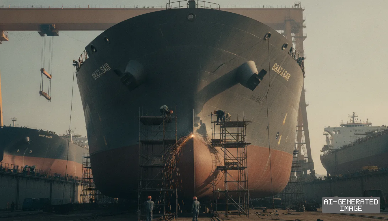 Shipyard workers weld the bow of a massive commercial vessel from scaffolding in a busy dry dock. (AI-generated image)