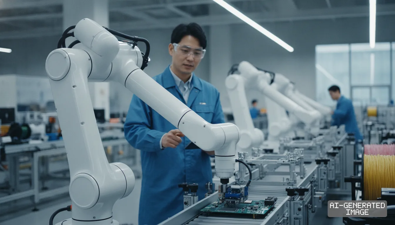 A technician monitors a robotic arm working on circuit boards along an automated factory production line. (AI-generated image)