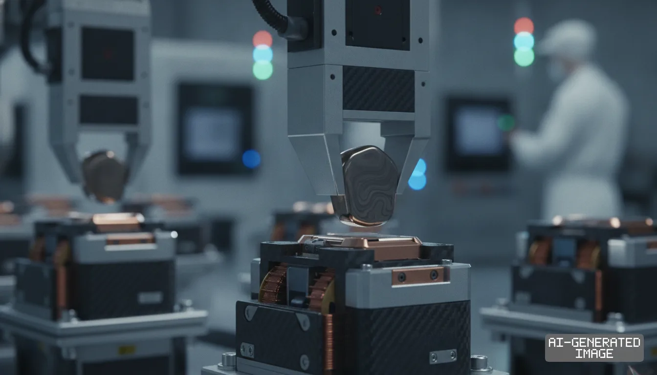 Robotic arms position metallic components onto motor actuator assemblies in an automated production facility. (AI-generated image)