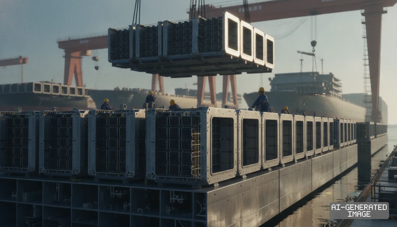 Shipyard workers assemble modular data center units on a floating platform using an overhead crane. (AI-generated image)