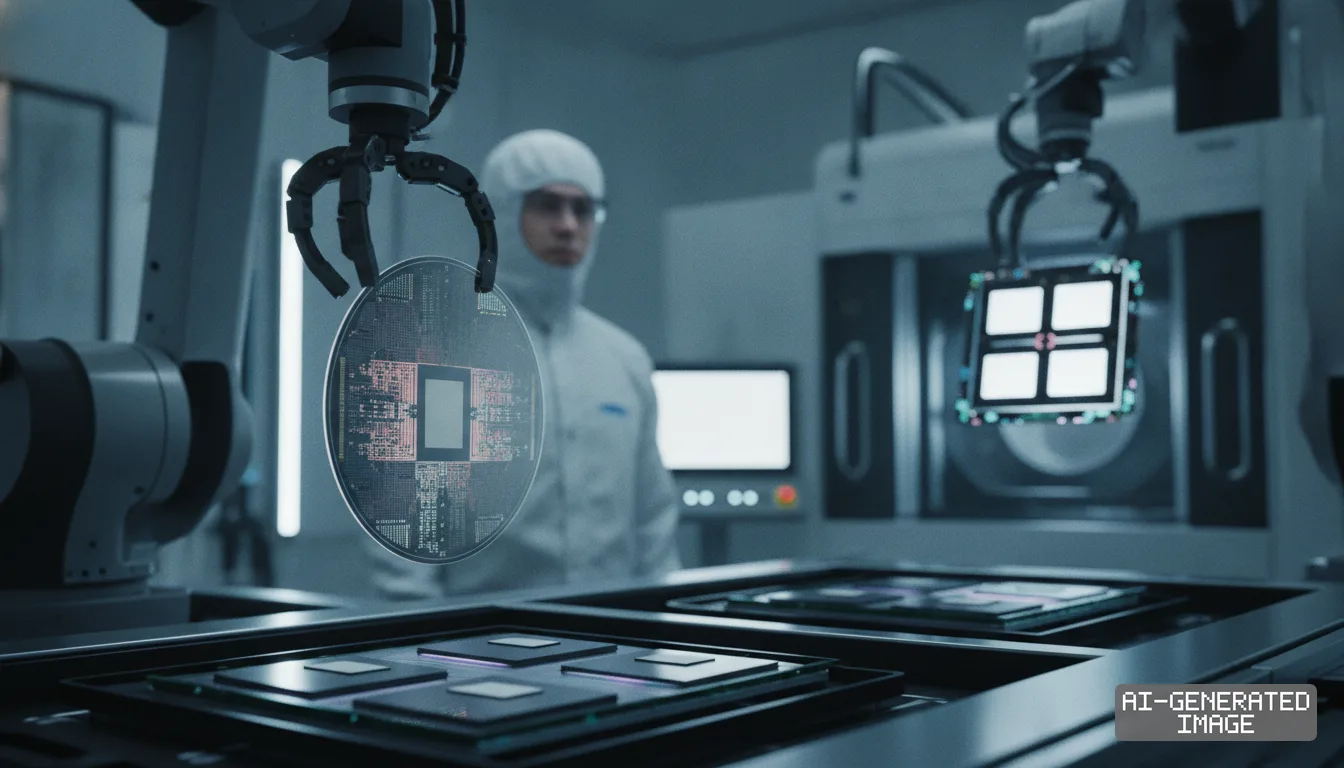 Robotic arms handle a semiconductor wafer and chip components inside a cleanroom while a technician in protective gear observes. (AI-generated image)