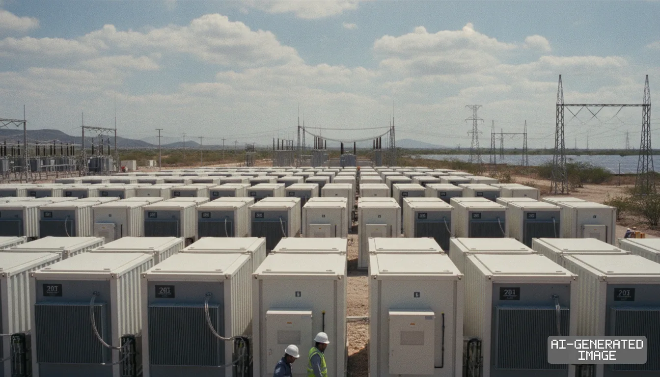 Workers walk past rows of containerized battery energy storage units at a utility-scale solar facility. (AI-generated image)