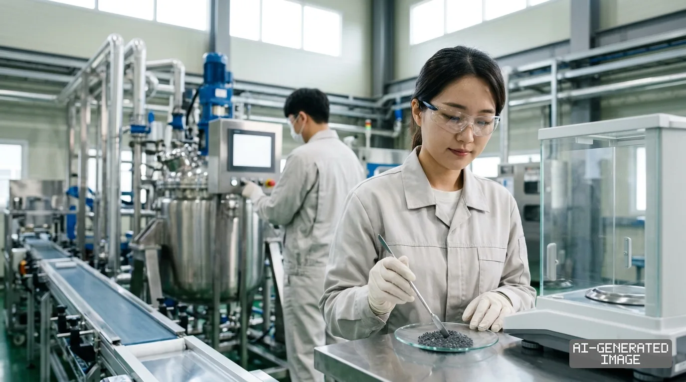A technician inspects cathode material samples next to an analytical balance in a manufacturing plant. (AI-generated image)