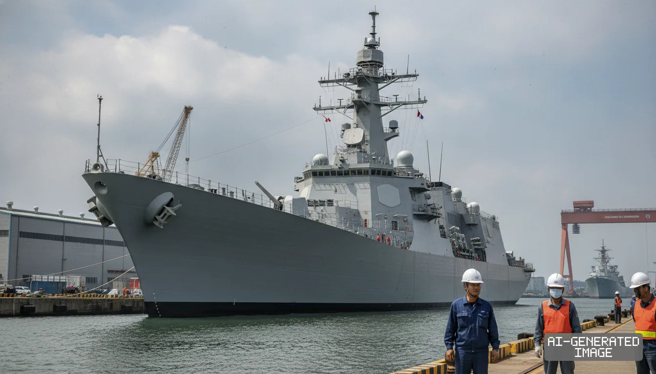 A newly built Aegis destroyer rests docked at a shipyard as workers wearing hard hats and safety vests stand along the pier. (AI-generated image)