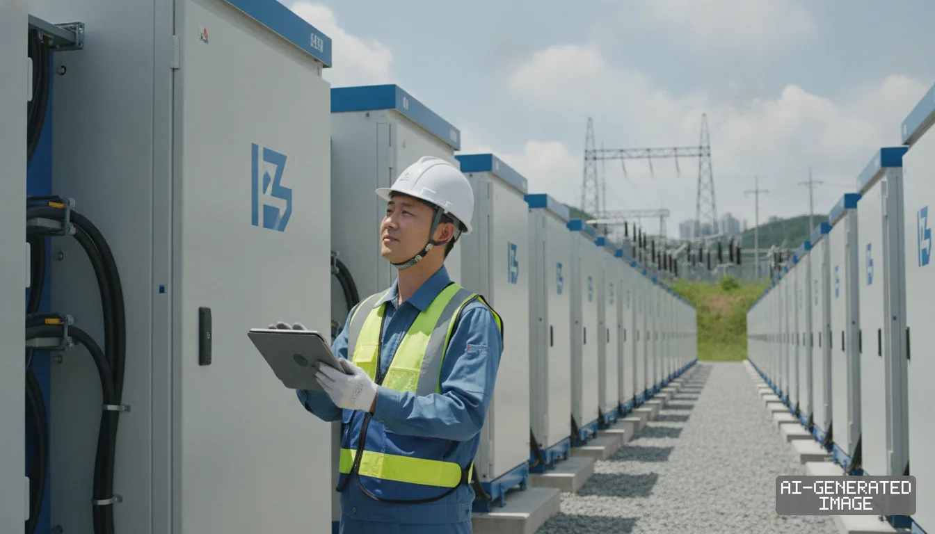 A technician inspects utility-scale battery energy storage systems using a tablet at an outdoor facility. (AI-generated image)