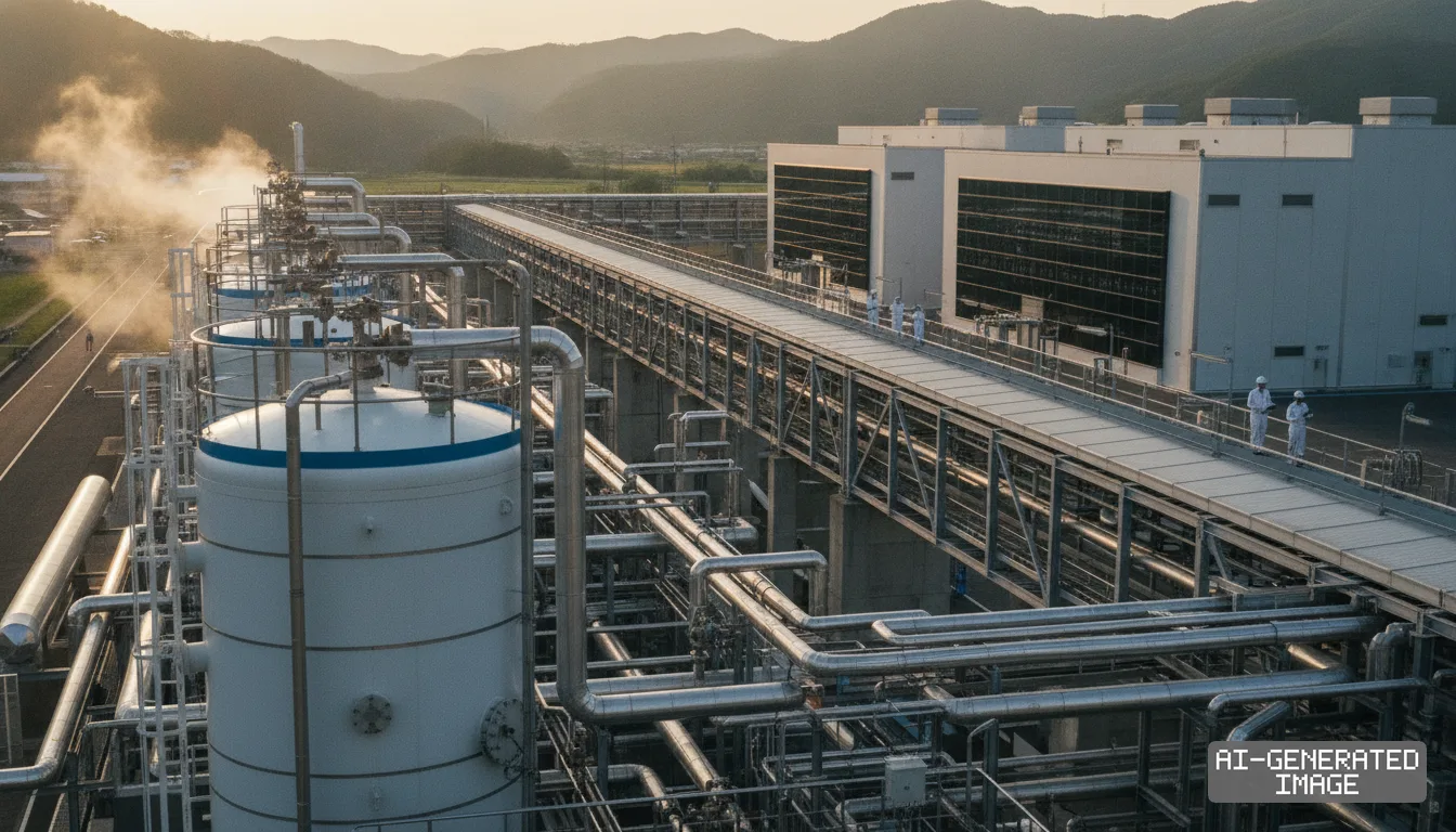 Workers walk along an elevated walkway past gas storage tanks and pipelines at an industrial facility supporting chip manufacturing. (AI-generated image)