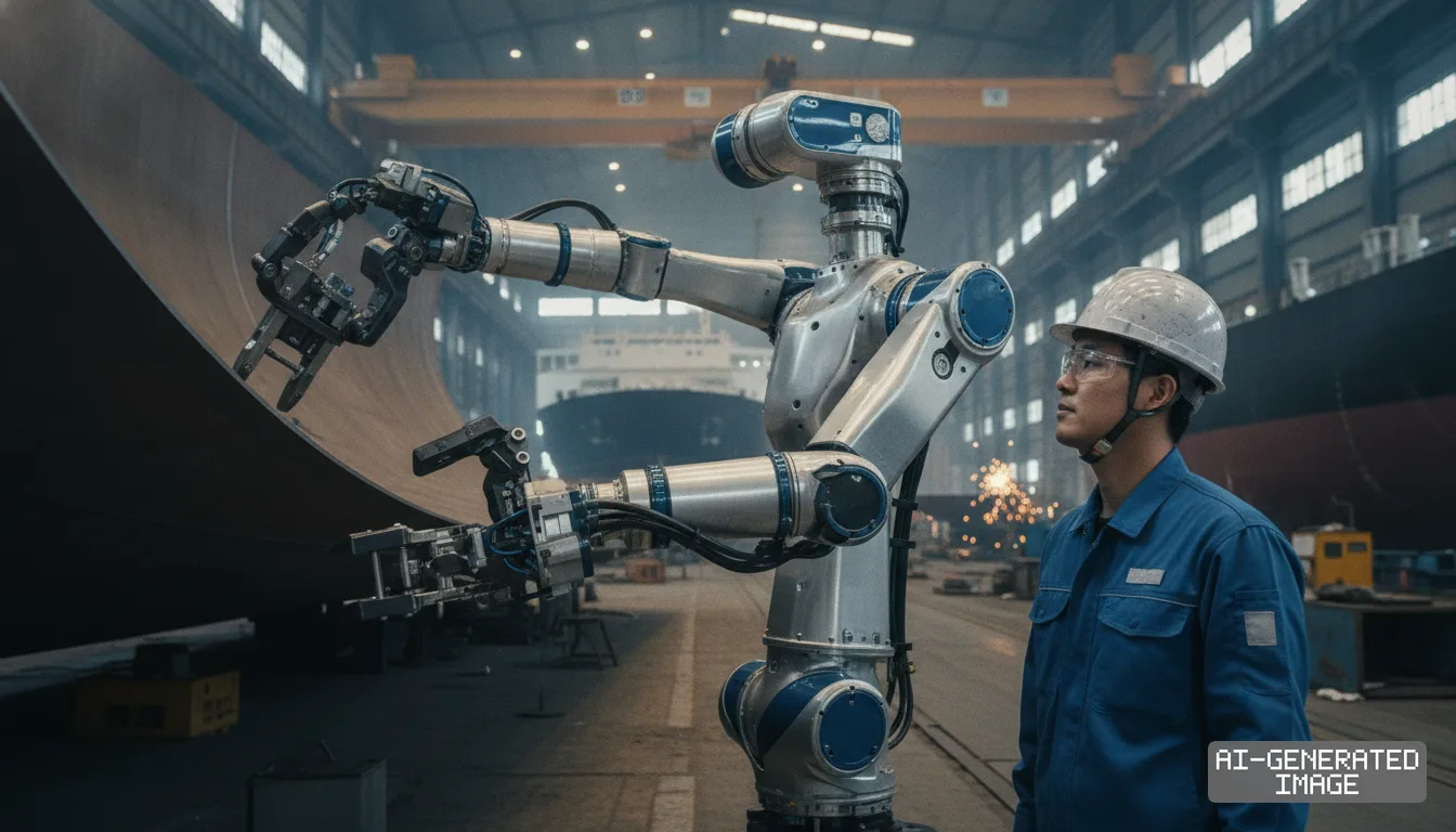 A shipyard worker watches an industrial humanoid robot position its arms against a large steel plate inside an assembly hall. (AI-generated image)