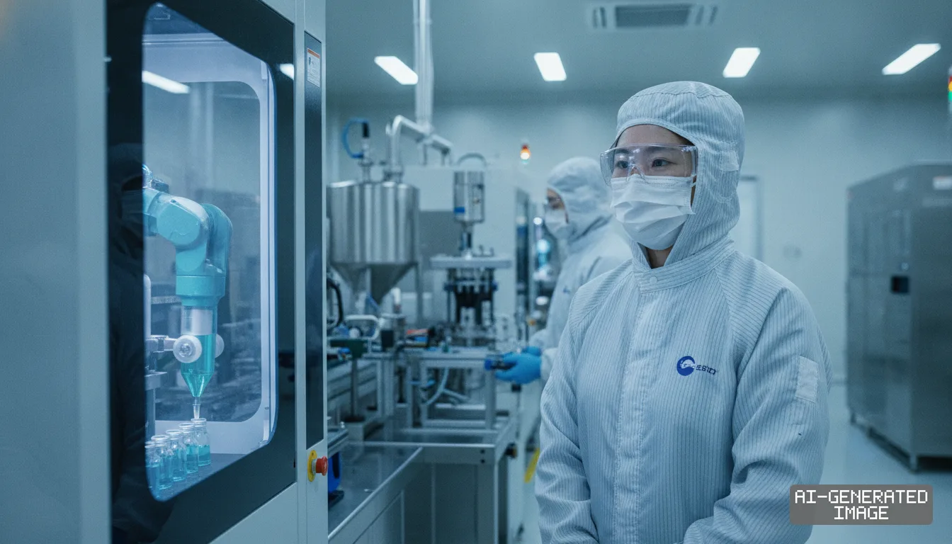 Workers in protective cleanroom suits stand near an automated dispensing machine operating inside a semiconductor materials facility. (AI-generated image)