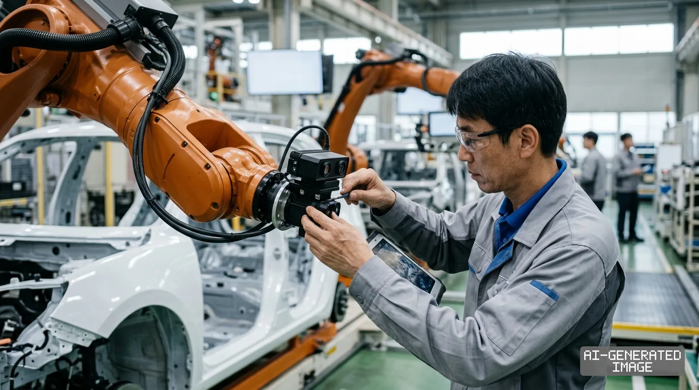 A technician adjusts a vision system mounted on an industrial robotic arm along an automotive assembly line. (AI-generated image)