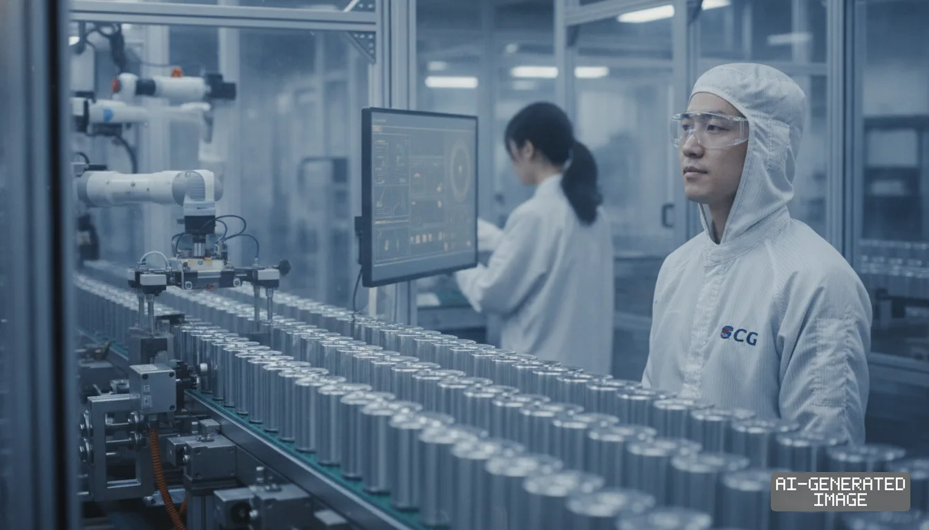 Workers in cleanroom suits monitor rows of cylindrical battery cells moving along an automated production line. (AI-generated image)