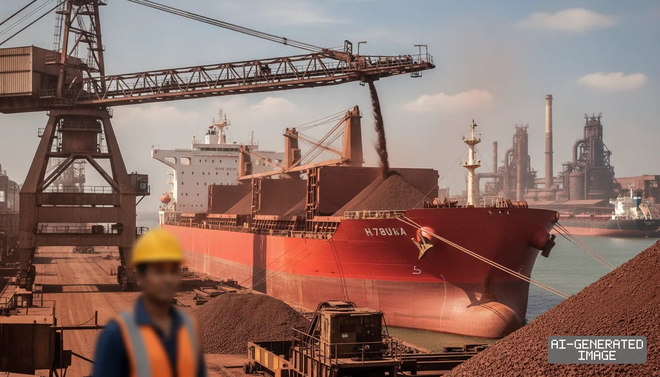 A port conveyor pours iron ore into the hold of a large bulk carrier docked beside an industrial plant. (AI-generated image)