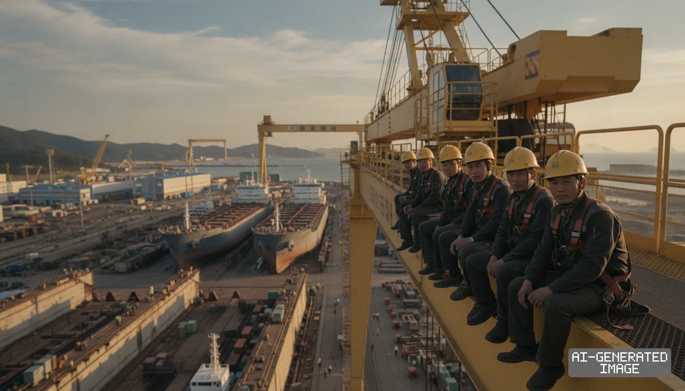 Six subcontracted workers sit along a high gantry crane overlooking vessels and dry docks at the shipyard. (AI-generated image)