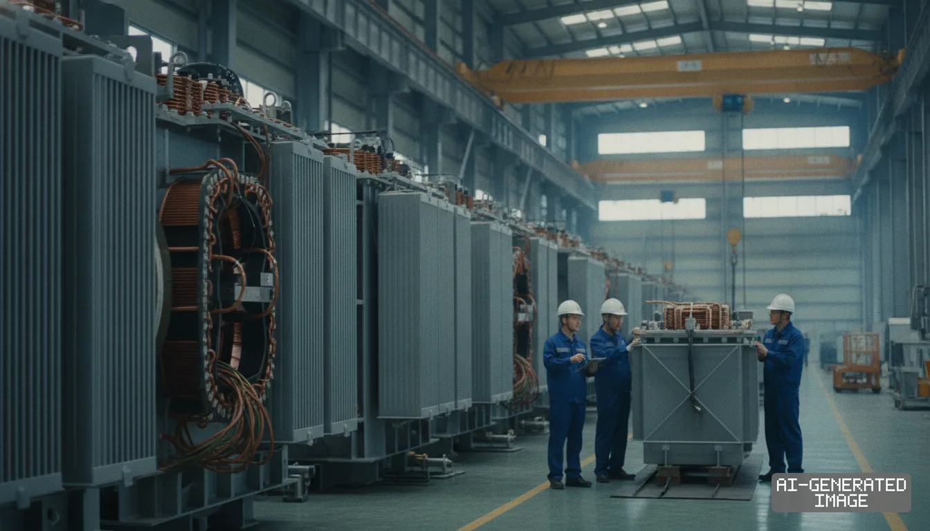 Workers in hard hats inspect large power transformers lined up inside an LS Electric manufacturing plant. (AI-generated image)