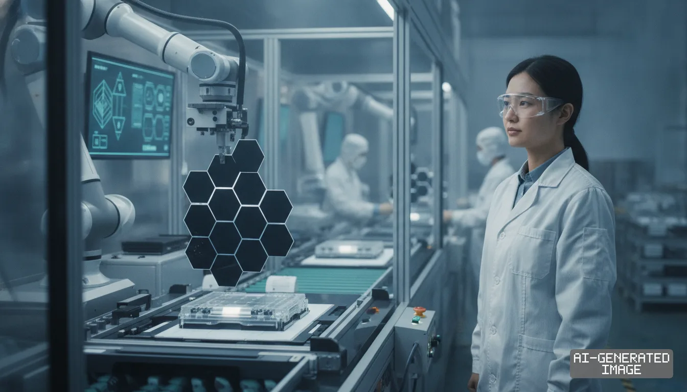 A technician observes a robotic arm handling components on an automated clean-technology production line. (AI-generated image)