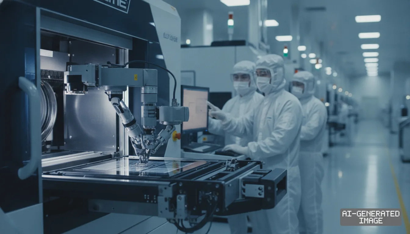 Technicians in protective cleanroom suits monitor automated machinery inside a semiconductor fabrication facility. (AI-generated image)