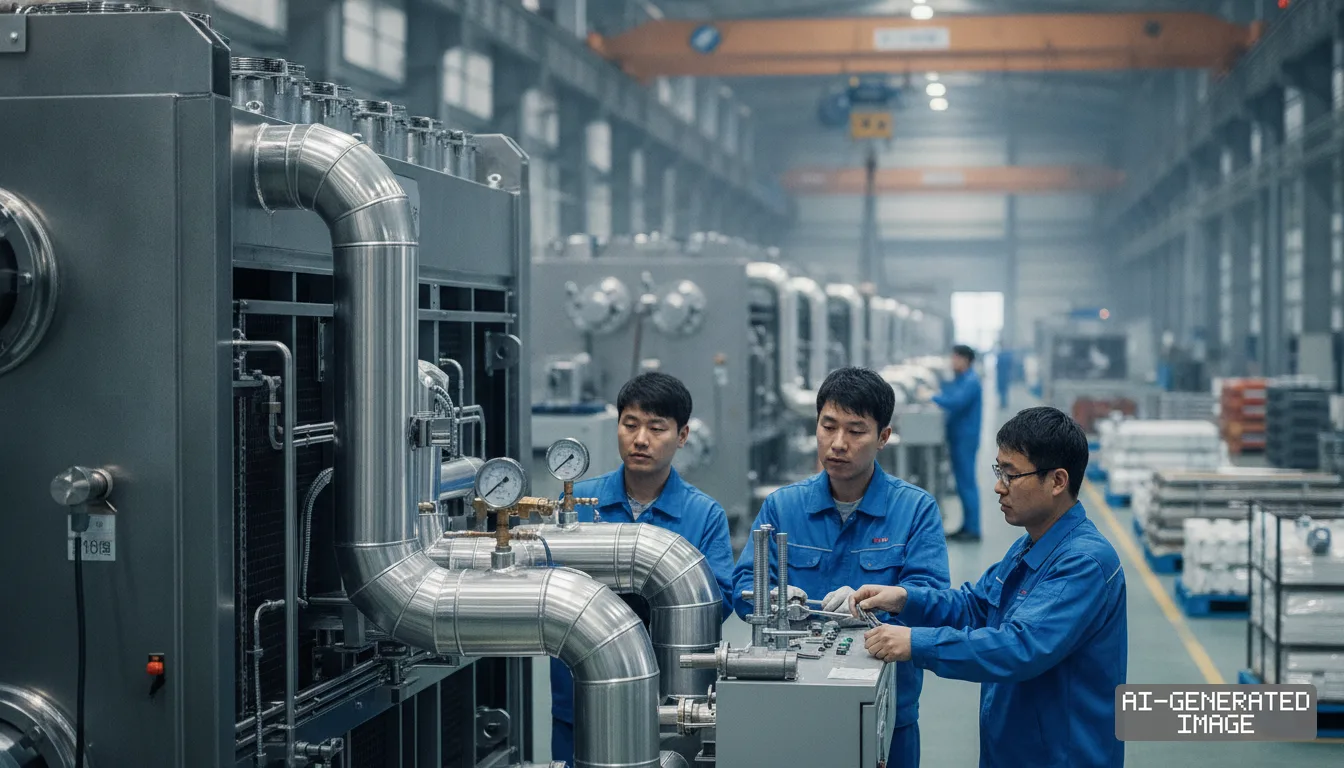 Workers inspect an industrial chiller unit on a factory floor amid growing demand for cooling systems in data centers. (AI-generated image)