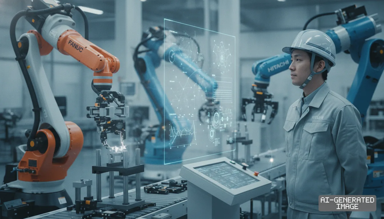 A worker observes FANUC and Hitachi robotic arms operating on an automated assembly line equipped with a digital data display. (AI-generated image)