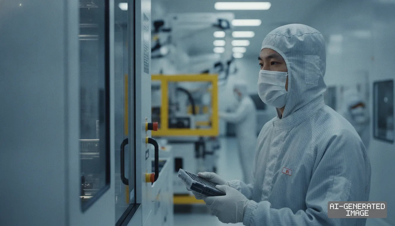 A worker wearing protective cleanroom gear holds a component inside a semiconductor manufacturing facility. (AI-generated image)