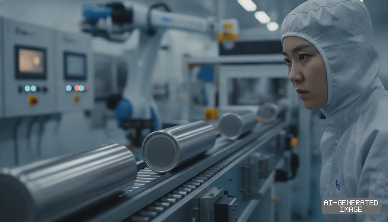 A worker in cleanroom gear monitors cylindrical battery cells moving along an automated assembly line at a manufacturing facility. (AI-generated image)