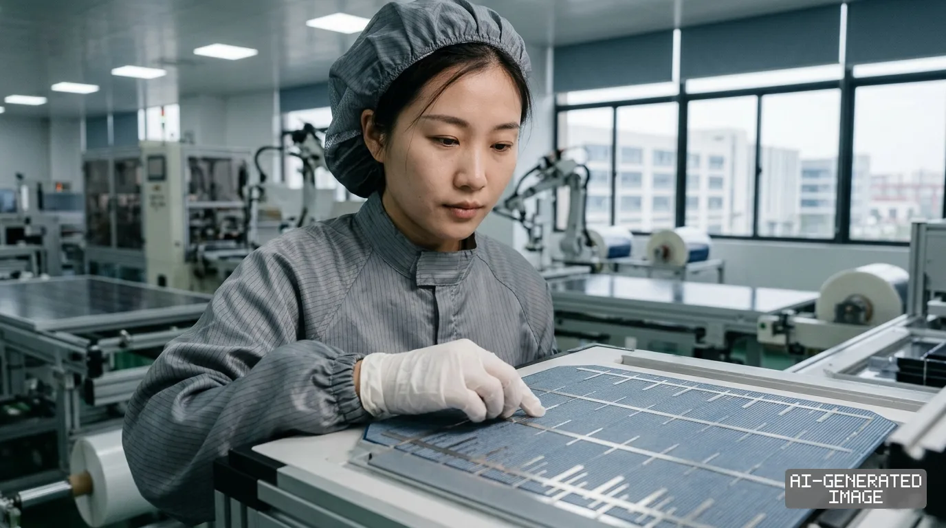 A worker in protective gear inspects a solar panel component on an automated assembly line inside a factory. (AI-generated image)