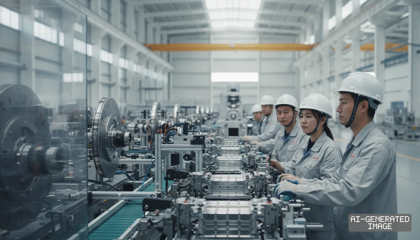 Technicians wearing hard hats and uniforms work along an automated assembly line inside a modern battery manufacturing facility. (AI-generated image)