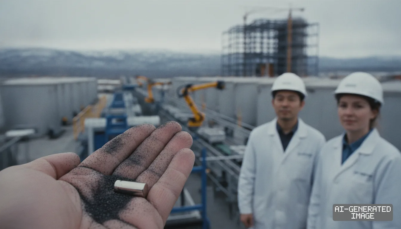 A hand displays graphite powder and a battery cell as engineers stand before an industrial processing facility. (AI-generated image)