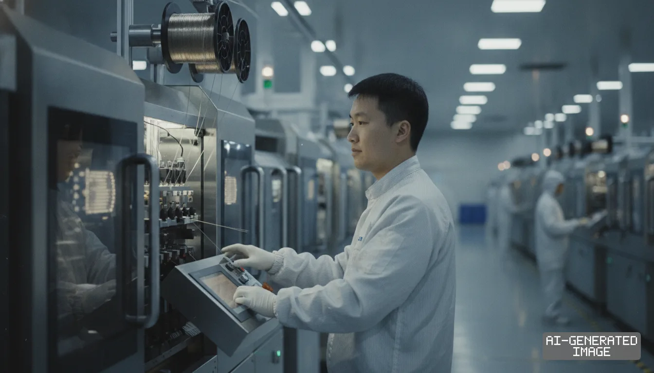 A technician operates machinery on a bonding wire production line inside a cleanroom manufacturing plant. (AI-generated image)