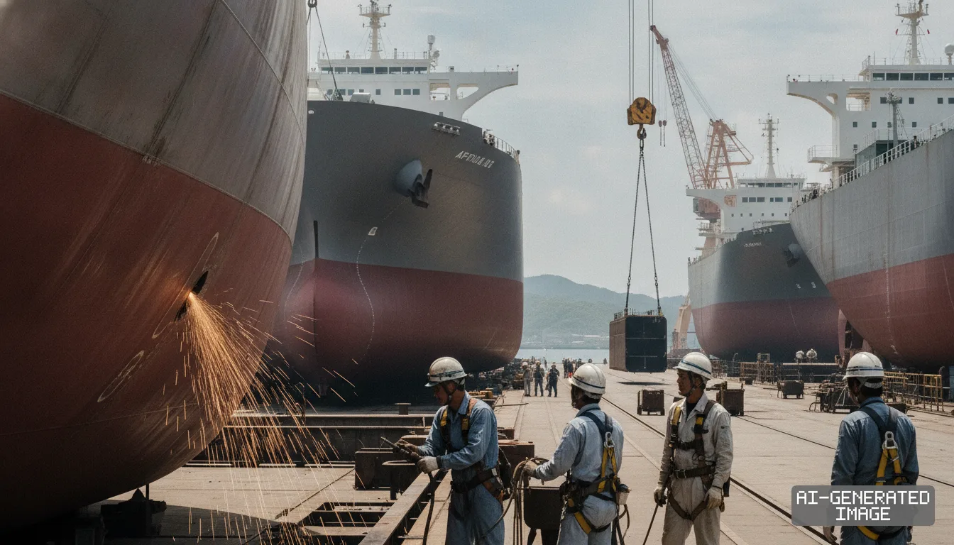 Shipyard workers stand beside the hull of a large vessel as sparks fly during commercial tanker construction at a dry dock. (AI-generated image)