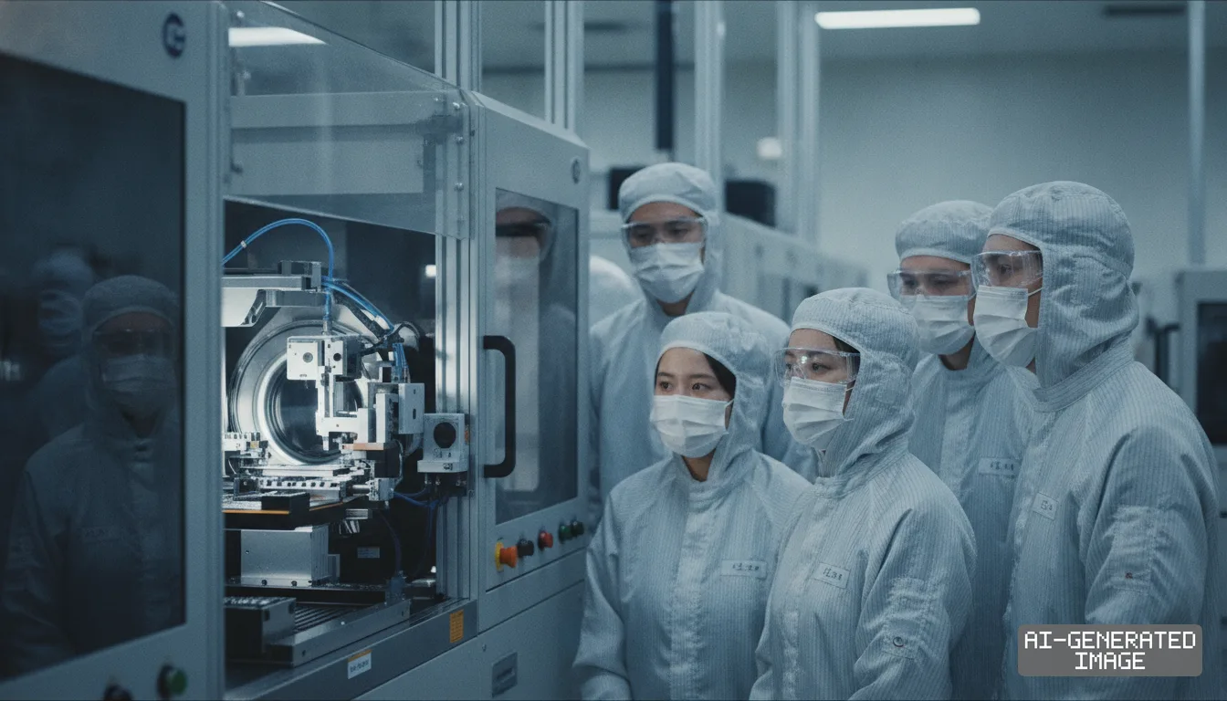 Technicians in protective cleanroom suits observe automated semiconductor manufacturing machinery inside a chip fabrication plant. (AI-generated image)